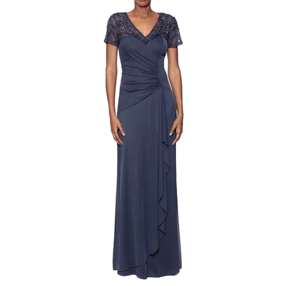 Xscape Size 6 Navy Bead Embellished Cascading Sheath Long Evening Dress Gown
